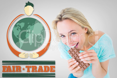Composite image of pretty blonde eating bar of chocolate