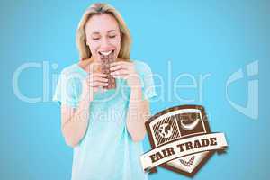 Composite image of happy blonde eating bar of chocolate