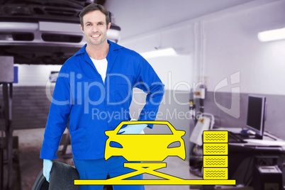 Composite image of mechanic holding tire while standing with han