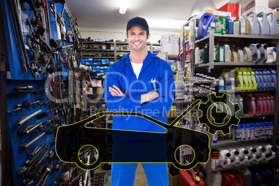 Composite image of confident mechanic holding wheel wrenches