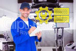 Composite image of portrait of happy male mechanic writing on cl