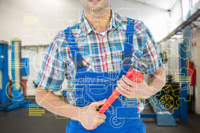 Composite image of cropped image of plumber holding monkey wrenc