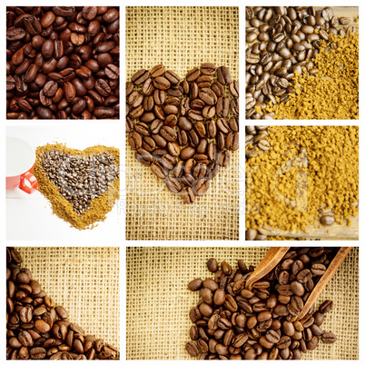 Composite image of close up of a basket full of dark coffee bean