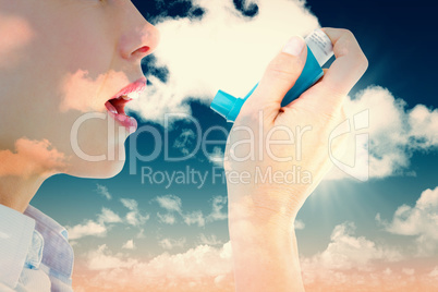 Composite image of close up of a woman using an asthma inhaler