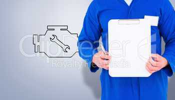 Composite image of male mechanic holding clipboard