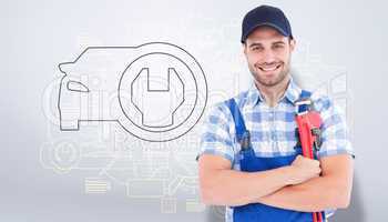 Composite image of confident young male repairman holding adjust