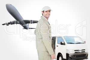 Composite image of side view portrait of happy delivery man