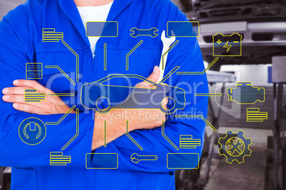 Composite image of male mechanic holding spanner on white backgr