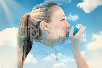 Composite image of pretty blonde using an asthma inhaler Composite image of pretty blonde using an asthma inhaler