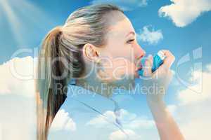 Composite image of pretty blonde using an asthma inhaler