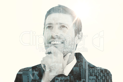 Composite image of businessman smiling and thinking