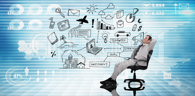 Composite image of businessman relaxing in swivel chair