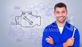 Composite image of smiling male mechanic holding spanner