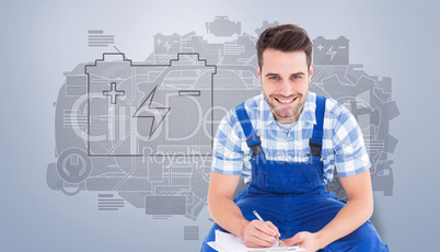Composite image of happy repairman crouching while writing on cl