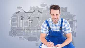 Composite image of happy repairman crouching while writing on cl