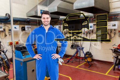 Composite image of smiling mechanic with hands on hips standing