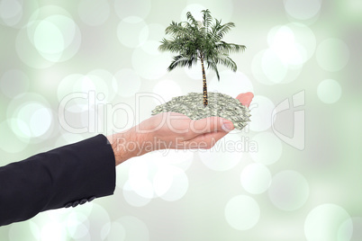 Composite image of close up of businessman with empty hand open