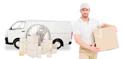 Composite image of delivery man carrying cardboard box