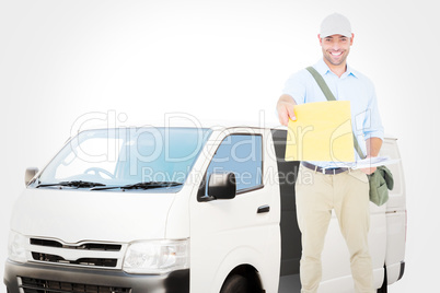 Composite image of postman delivering letter on white background