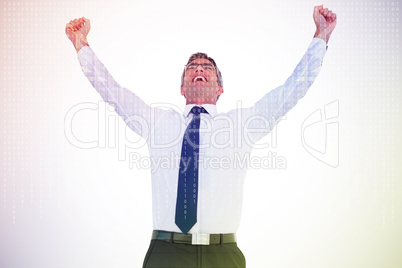 Composite image of excited businessman with glasses cheering