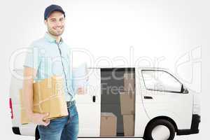 Composite image of portrait of happy courier man with parcel