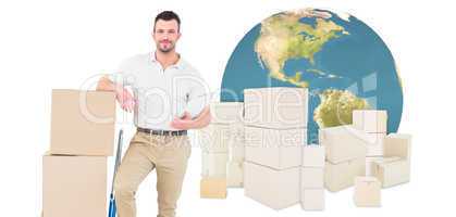 Composite image of confident delivery man with cardboard boxes