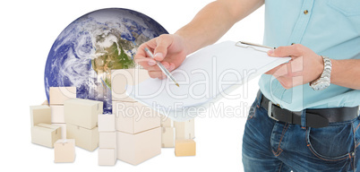 Composite image of delivery man with clipboard asking for signat