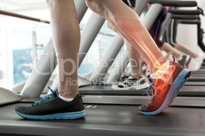 Highlighted bones of man on treadmill