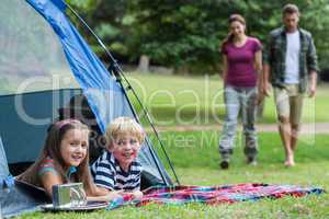 Happy family in the park together