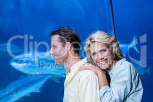 Happy couple looking at fish tank