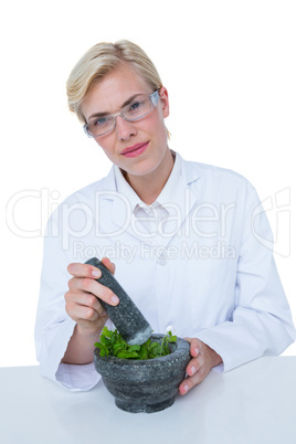 Doctor mixing herbs with mortar and pestle