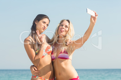 two friends in swimsuits taking a selfie