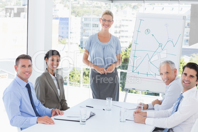 Business team during meeting smiling at camera