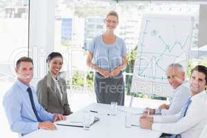 Business team during meeting smiling at camera