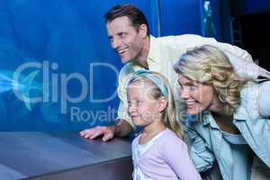 Happy family looking at the fish tank