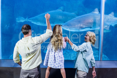 Happy family looking at the fish tank