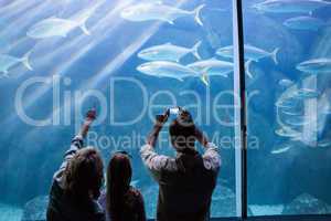 Happy family looking at the fish tank