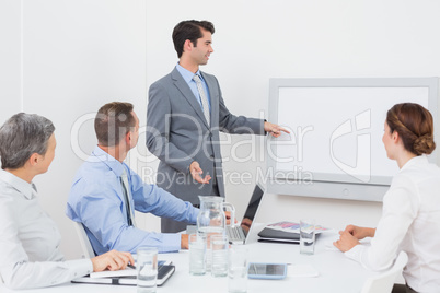 Businessman pointing the white screen