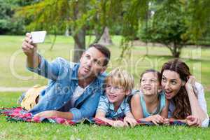 Happy family in the park taking selfie