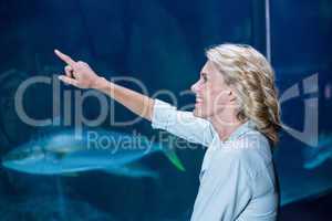 Pretty blonde pointing a fish tank