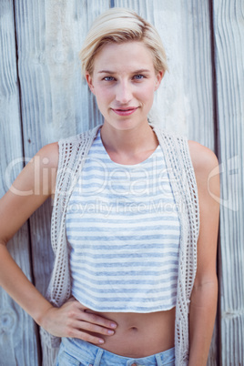 Pretty blonde woman smiling at the camera