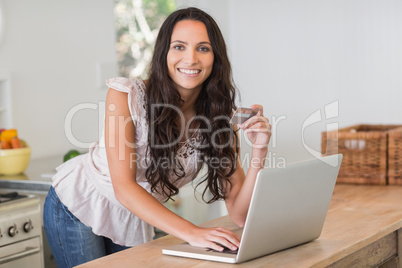 Pretty brunette shopping online with laptop