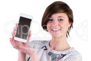 Pretty brunette showing her smartphone