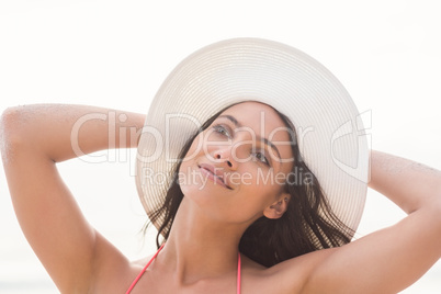 Smiling pretty brunette posing in bikini