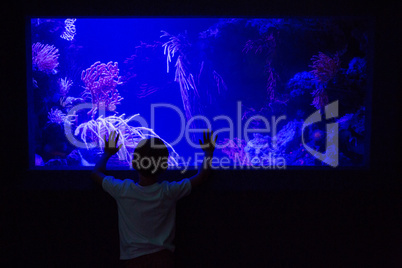 Young man touching an algae tank in a darkest room