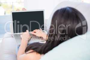 Pretty brunette using laptop on couch