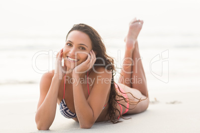 Smiling pretty brunette posing in bikini