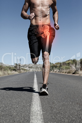 Highlighted hip bone of running man