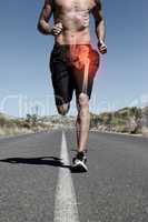 Highlighted hip bone of running man