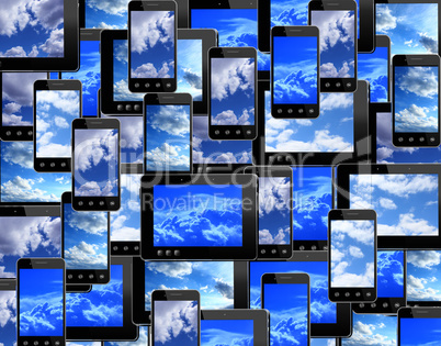 smart-phones and tablets with image of blue sky